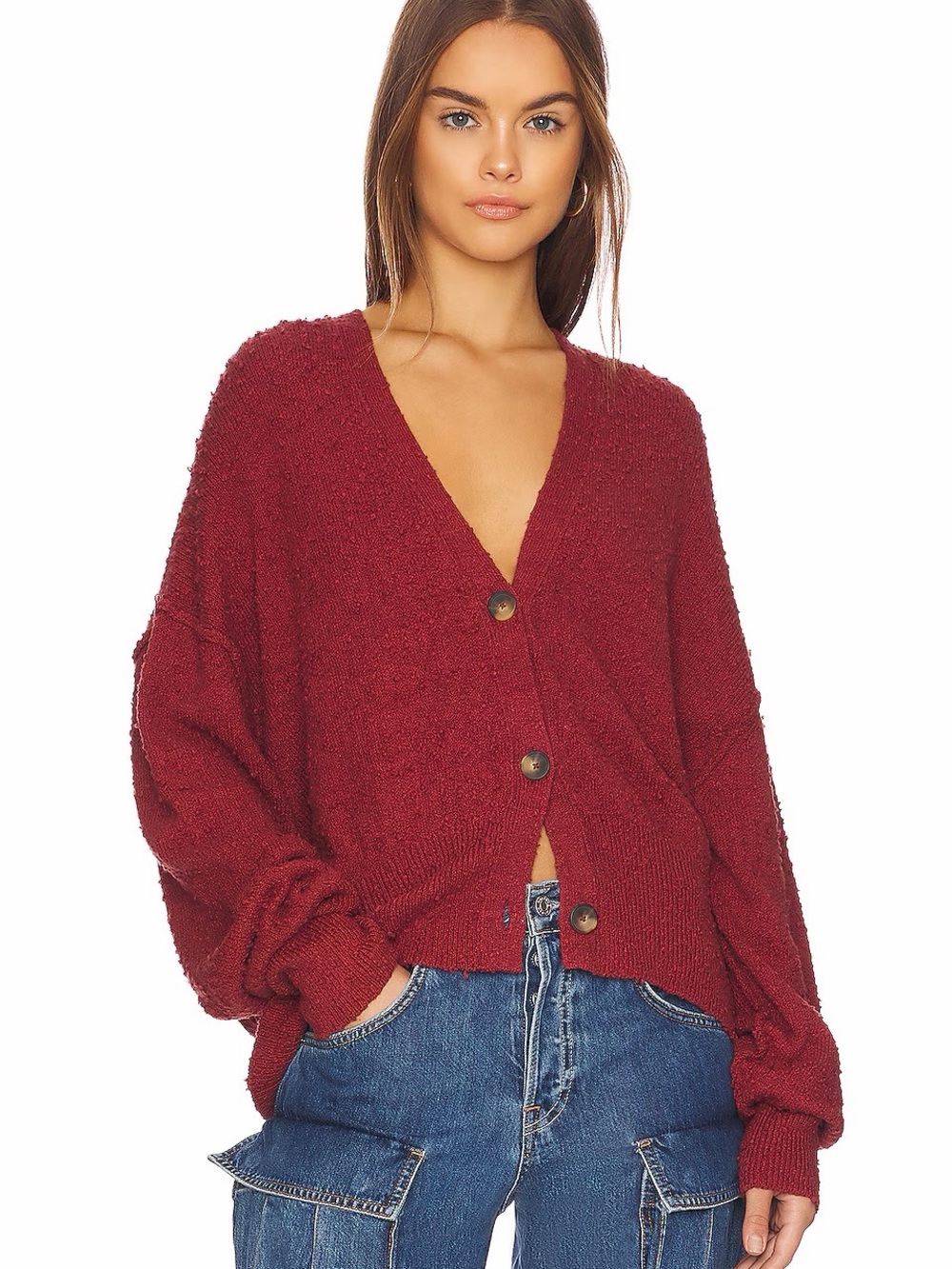 Free People Burgundy Alpaca Blend Button Front Cardigan Sweater Red XS